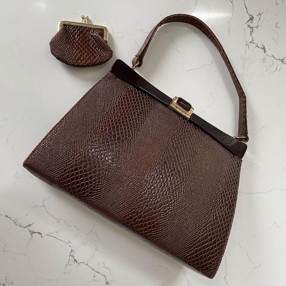 Vintage 1940-50s Alligator Handbag With Matching Coin Purse